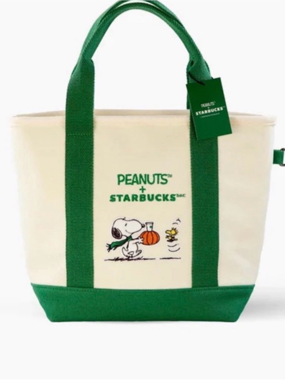 Starbucks Cream and Green Peanuts Tote with Snoopy Artwork
